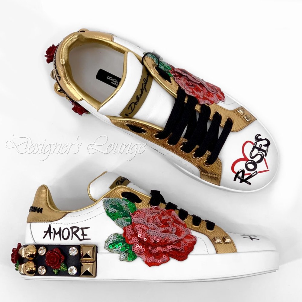 NEW DOLCE & GABBANA Roses Amore Crystal Sequin Portofino Sneakers $1,650 - Picture 12 of 13